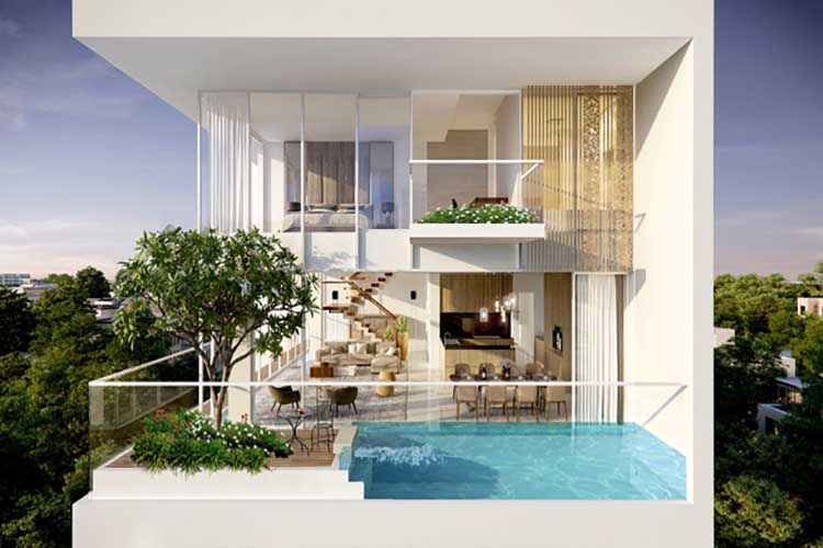 Mỗi căn biệt thự tại dự án Serenity Sky Villas đều có một không gian riêng dành cho hồ bơi và khoảng xanh